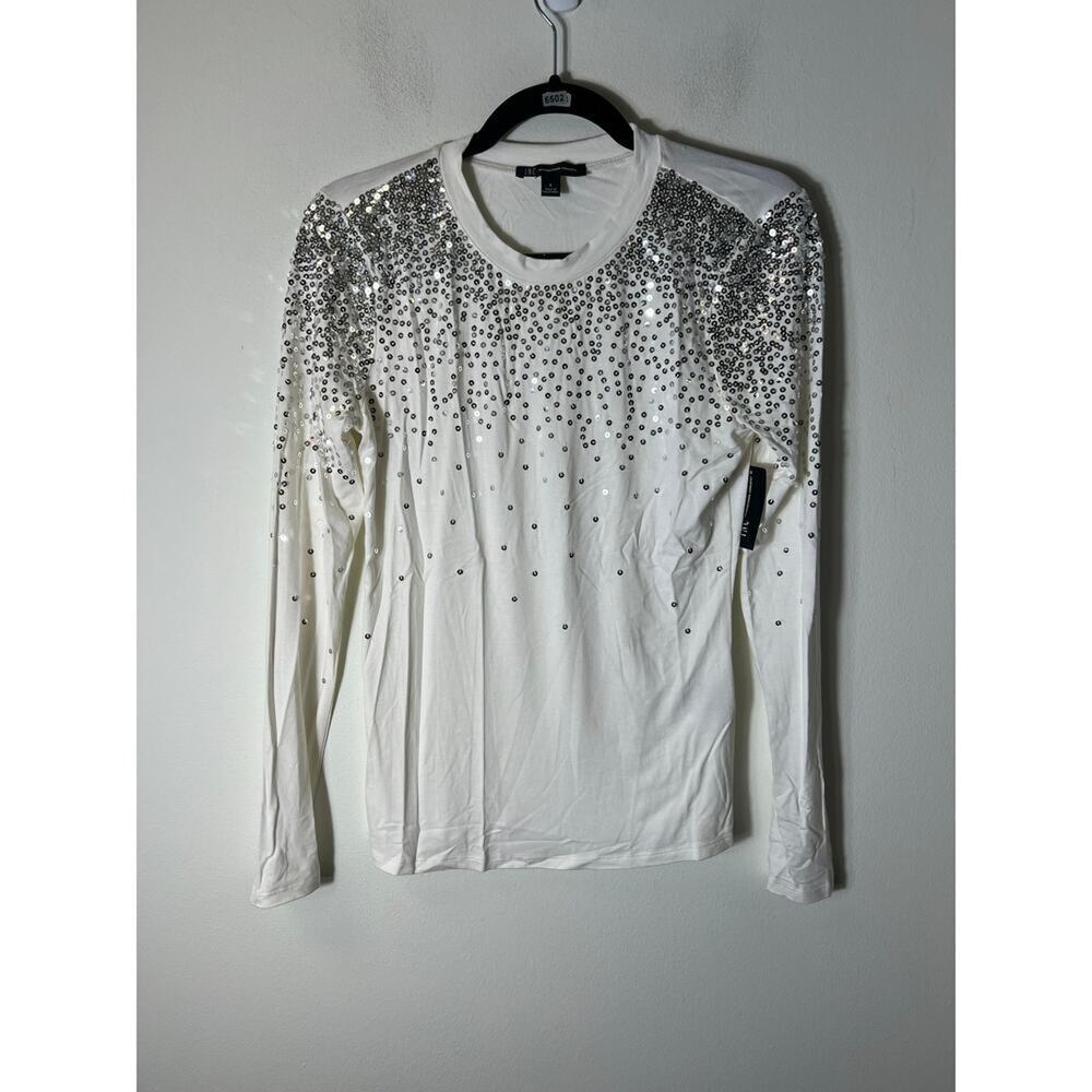 International Concepts White Sequined Long Sleeve Top Small